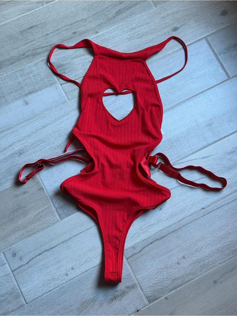 Amazon Red Ribbed Heart Cutout Bodysuit